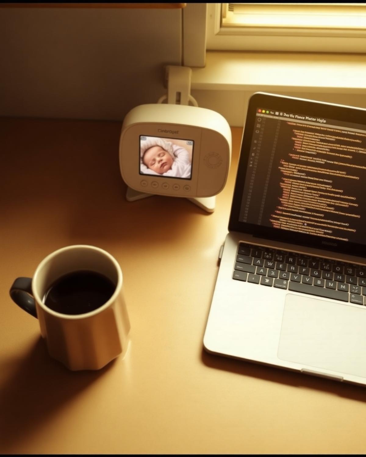 A ceramic mug, a baby monitor showing a sleeping infant, and a laptop with code on the screen in warm dawn light